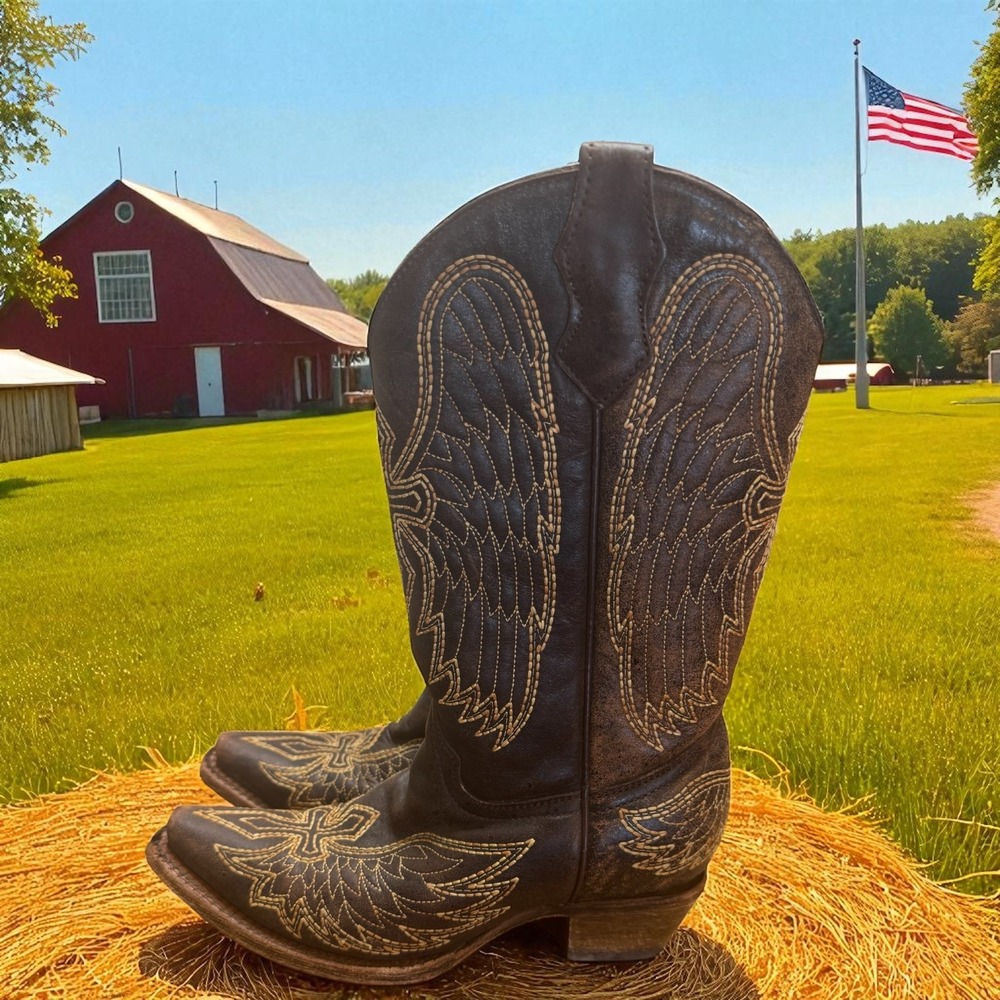 Corral‎ 🔥TEEN'S CROSS 🤑&WINGS EMBROIDERY ROUND  TOE COWBOY BOOT 2.5